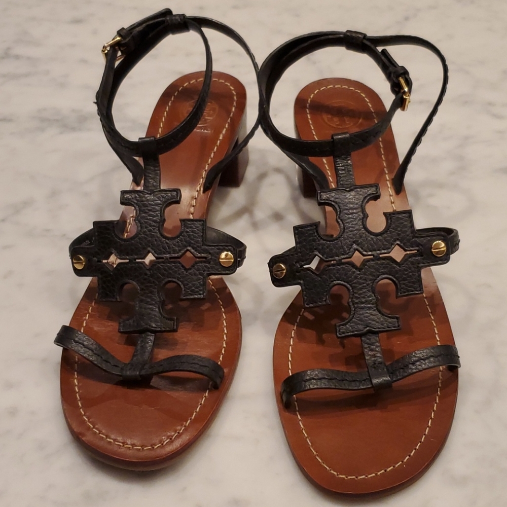 Tory Burch size 11 black leather 2" heel sandals